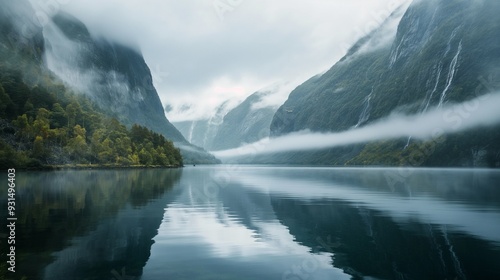 serene lake surrounded by mountains with mist