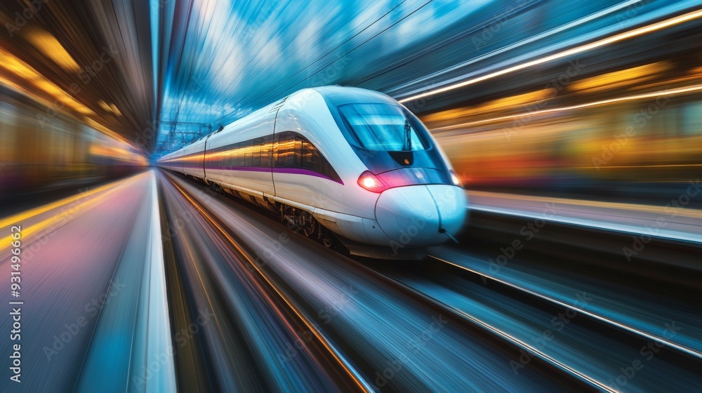 Close-up of a high-speed train in motion, with a sleek, aerodynamic design and blurred background, emphasizing its speed and modern engineering. Close-up of a high-speed train in motion, with a sleek, aerodynamic design and blurred background, emphasizing its speed and modern engineering.