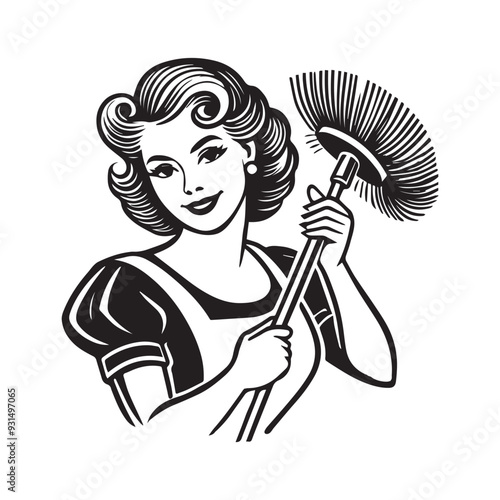 Vintage Retro Woman Face Clipart, Retro Housewife Silhouette, Cleaning with a chance of tequila illustration in black and white