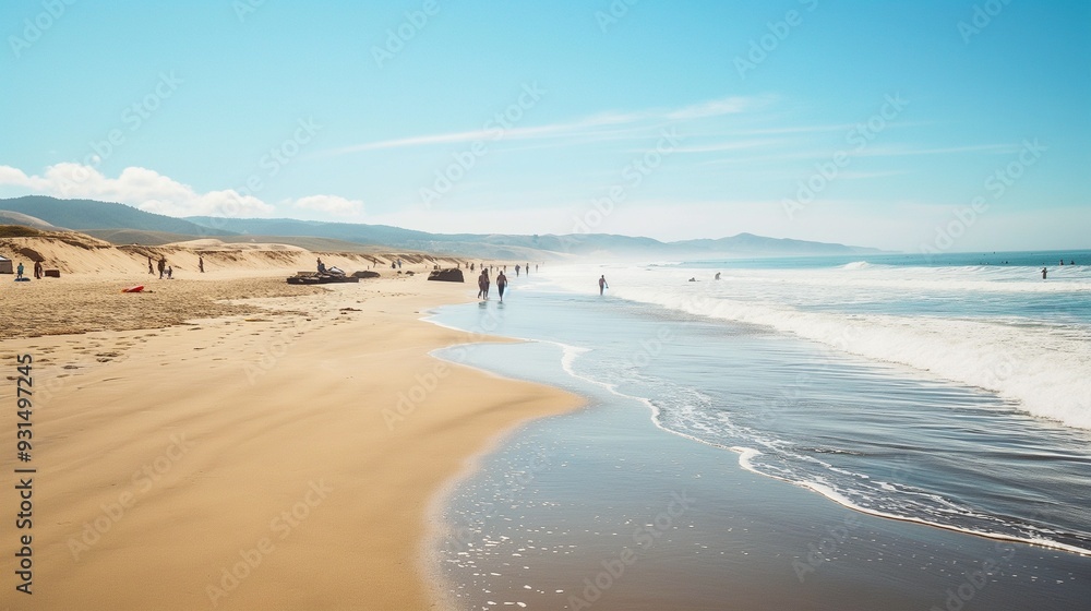 sunny day at the beach with people playing in the sand and waves lapping at their feet