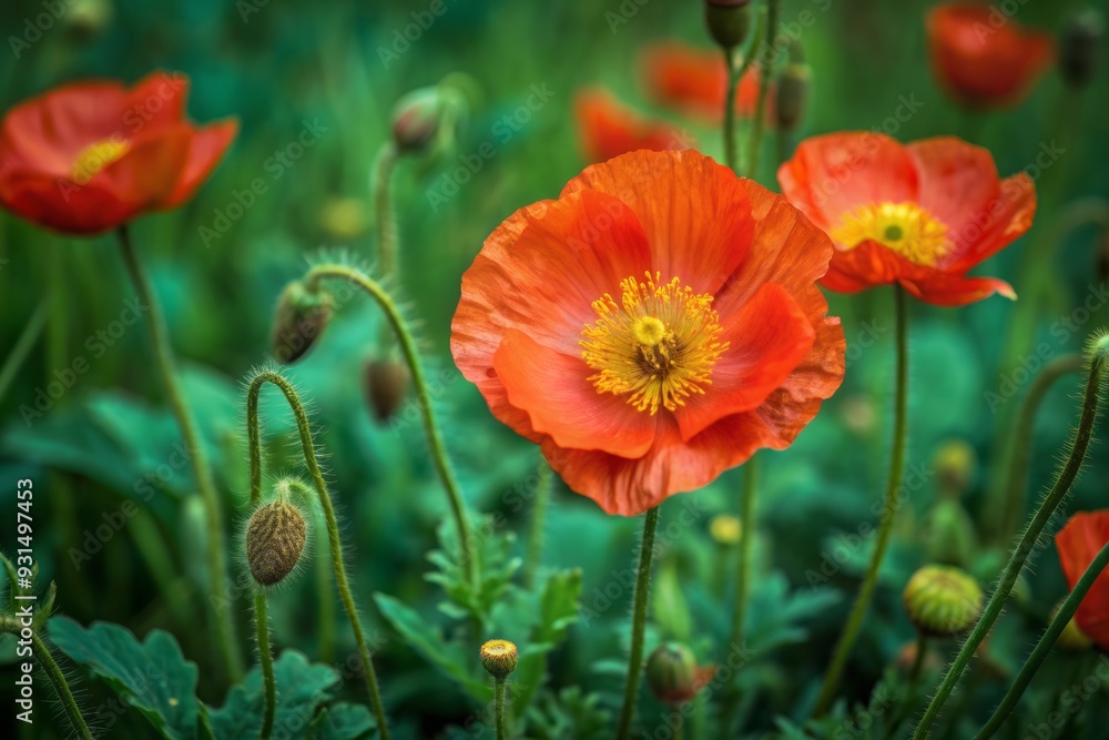 Naklejka premium Vibrant red Iceland poppy blooms majestically in a lush green meadow, delicately swaying in the gentle breeze, exuding elegance and simplicity in nature's beauty.