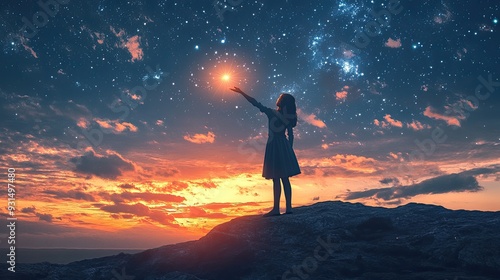 Silhouette of a woman reaching for a star at sunset.