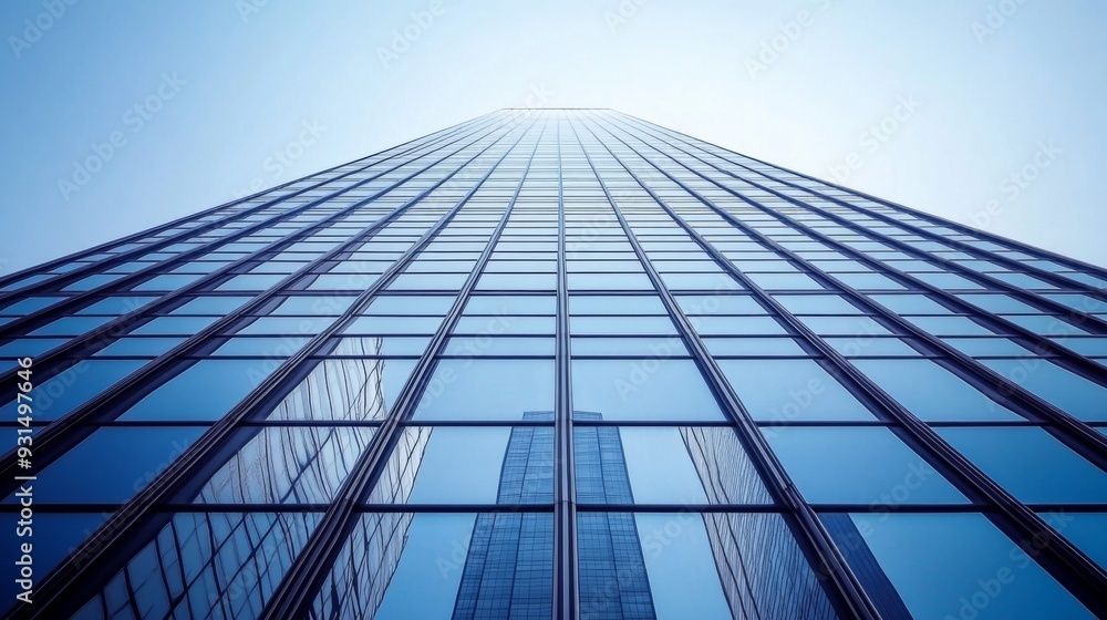 Close-up of a modern skyscraper with reflective glass windows, showcasing its sleek design and towering height against a clear blue sky. Close-up of a modern skyscraper with reflective glass windows, showcasing its sleek design and towering height against a clear blue sky.