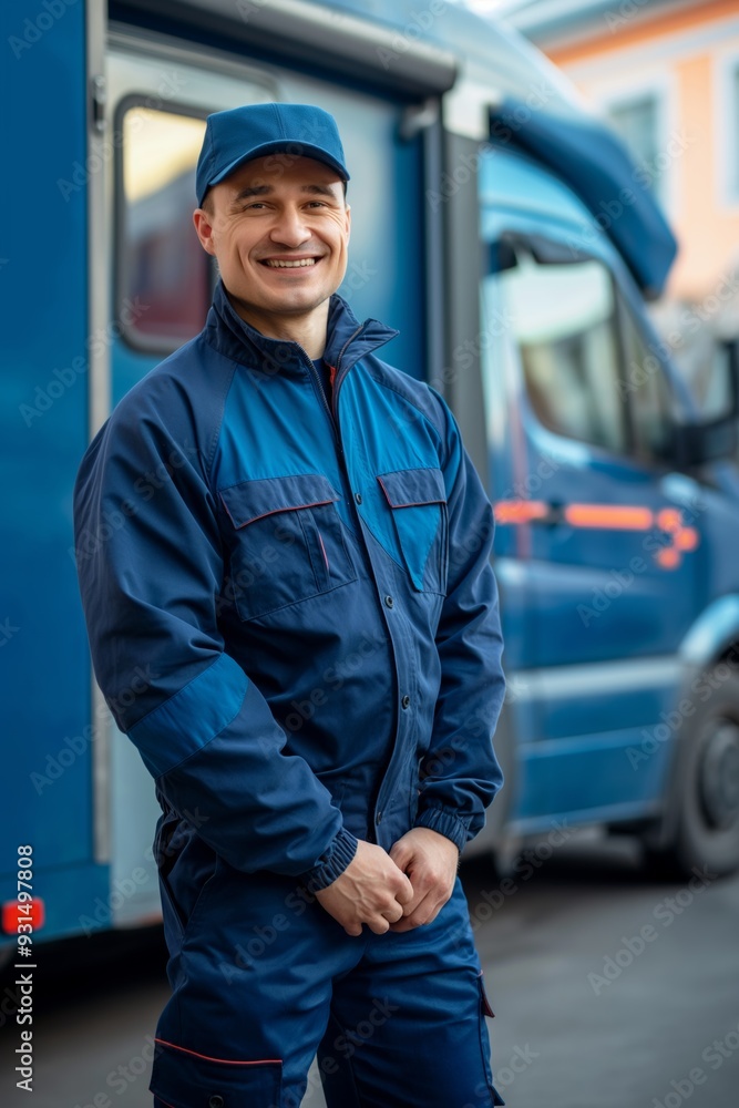 A smiling vehicle driver, confidently standing outdoors, representing a professional in the transportation or delivery industry. A smiling vehicle driver, confidently standing outdoors, representing a professional in the transportation or delivery industry.
