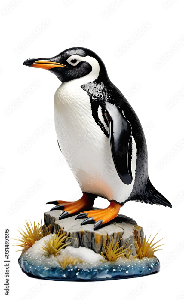 Fototapeta premium Penguin standing on rock on a white background
