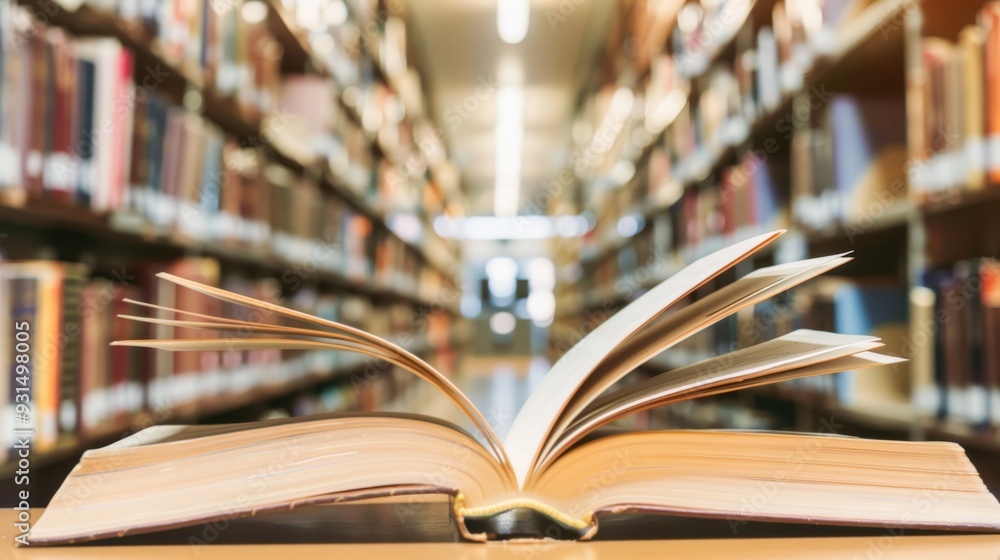 An open book in the library of a high school with a blurred background. Stock photo An open book in the library of a high school with a blurred background. Stock photo