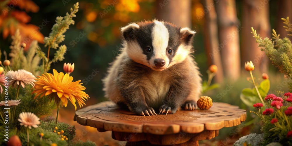 Fototapeta premium Adorable cartoon badger with fluffy white stripes and sweet expression sits on a mushroom, surrounded by colorful flowers and lush green forest foliage.