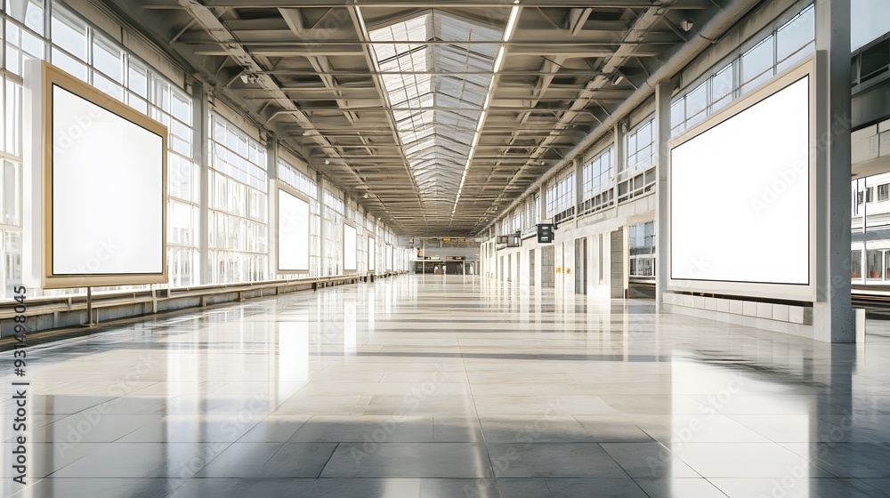 A spacious train station featuring blank billboards, natural daylight streaming through large windows, clean, polished surfaces, and an open, airy atmosphere, creating a serene and minimalist A spacious train station featuring blank billboards, natural daylight streaming through large windows, clean, polished surfaces, and an open, airy atmosphere, creating a serene and minimalist