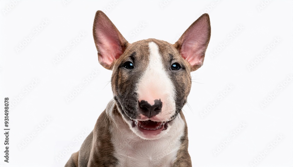 笑顔のブル・テリアの子犬のポートレート(Portrait of a smiling Bull Terrier puppy on white background)
笑顔のブル・テリアの子犬のポートレート(Portrait of a smiling Bull Terrier puppy on white background)