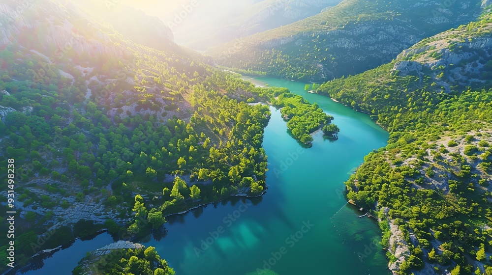 Image of a panoramic view of a river surrounded by green hills on a sunny day. Image of a panoramic view of a river surrounded by green hills on a sunny day.
