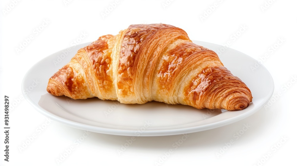 A golden-brown croissant sits elegantly on a white plate, highlighting its flaky texture and inviting appearance A golden-brown croissant sits elegantly on a white plate, highlighting its flaky texture and inviting appearance