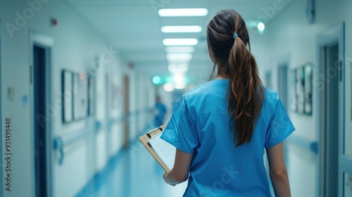 Female nurse walking in hospital hallway