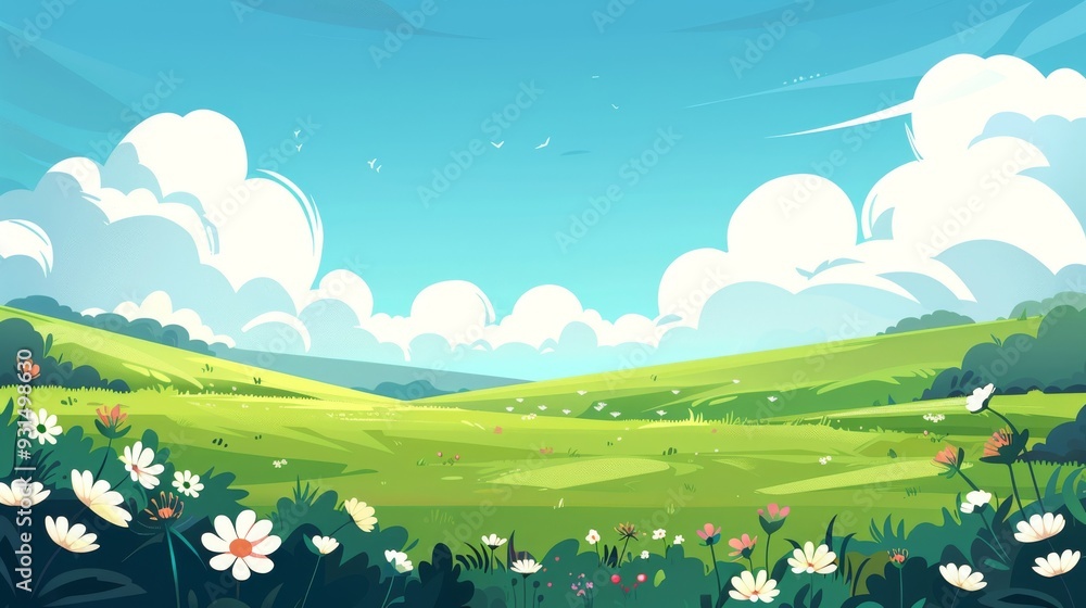 Fototapeta premium An aerial view of a beautiful blue sky with fluffy clouds over a green field landscape.