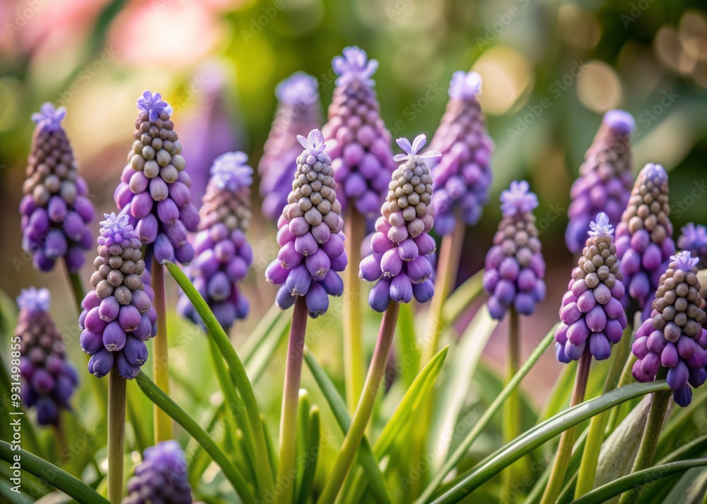 Vibrant artistic close-up of purple muscari flowers amidst lush green leaves against a blurred bokeh background, perfect for spring enthusiasts and refreshing seasonal designs. Vibrant artistic close-up of purple muscari flowers amidst lush green leaves against a blurred bokeh background, perfect for spring enthusiasts and refreshing seasonal designs.