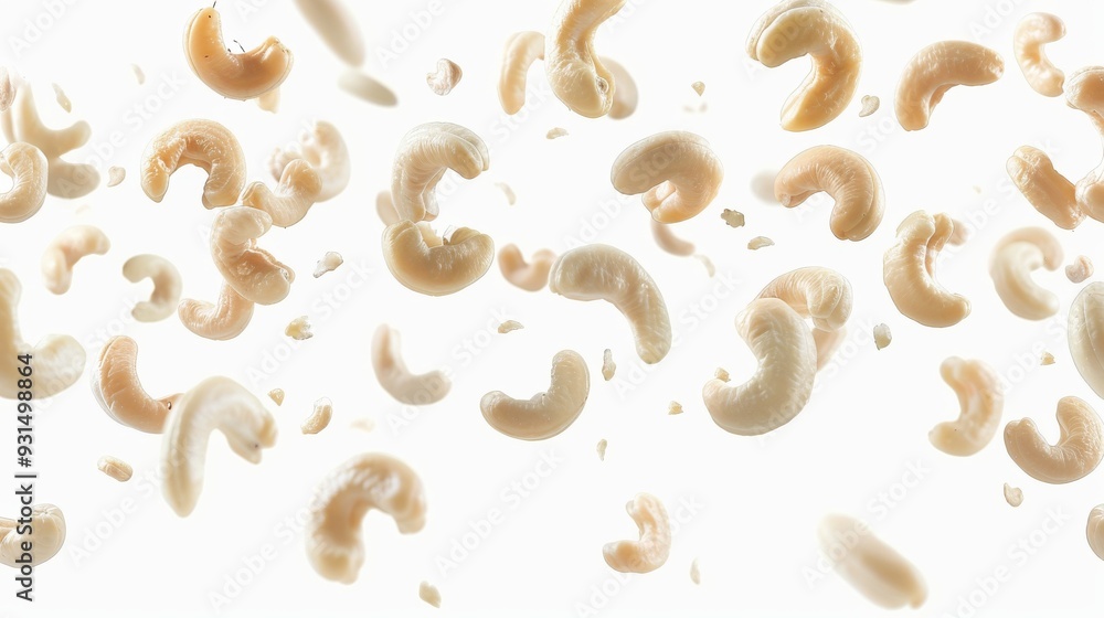 This image shows many flying dry cashew nuts on a white background in 3D. This image shows many flying dry cashew nuts on a white background in 3D.