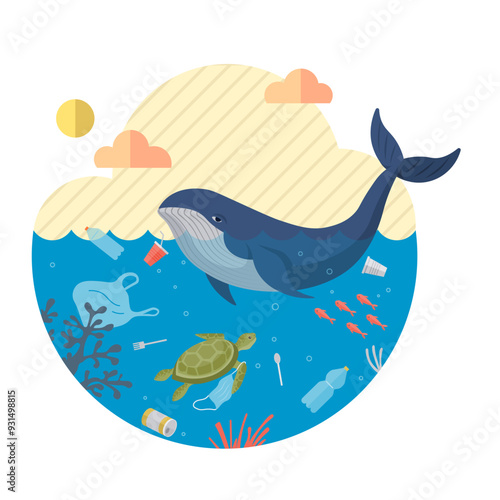 Ocean pollution vector illustration. Garbage and rubbish in ocean contaminate water, harming marine life Destruction underwater habitats is consequence unchecked ocean pollution Damage to environment