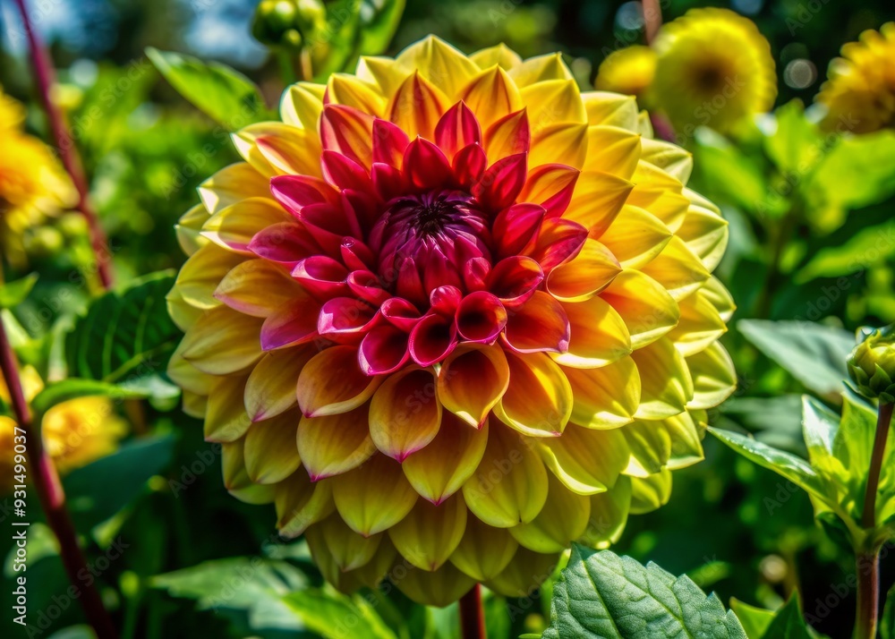 Vibrant yellow dahlia flower blooms in stunning close-up, brilliant colors and intricate details showcased against blurred garden background, bathed in warm sunlight. Vibrant yellow dahlia flower blooms in stunning close-up, brilliant colors and intricate details showcased against blurred garden background, bathed in warm sunlight.