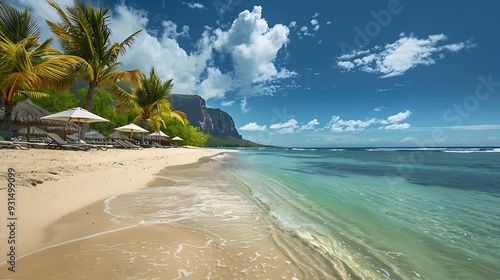 Beach with palm trees and umbrellas on Le morne beach in Mauriutius Luxury tropical beach and Le Morne mountain in Mauritius Le Morne beach with palm trees white sand and luxury resort : Generative AI photo