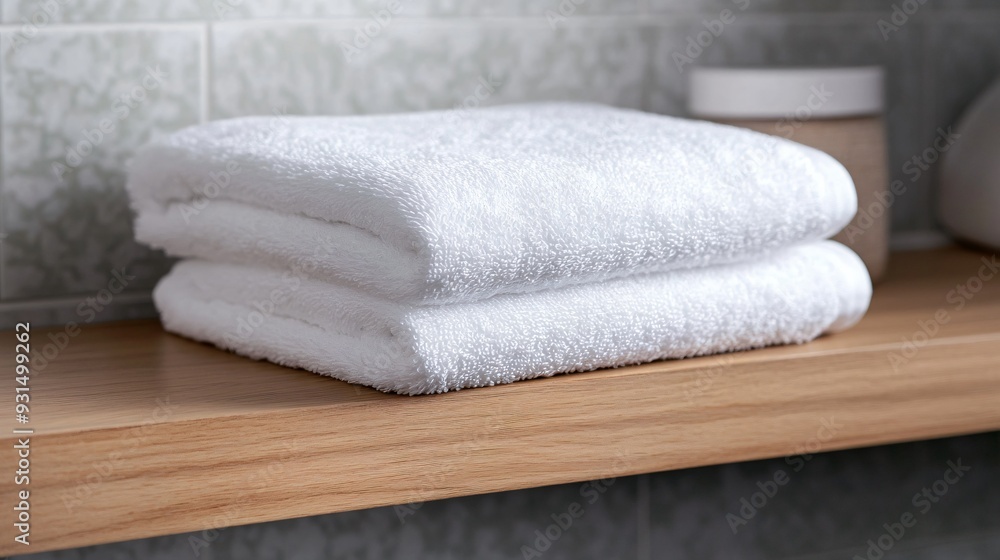 Neatly Folded White Cotton Towel on a Wooden Bathroom Shelf Neatly Folded White Cotton Towel on a Wooden Bathroom Shelf