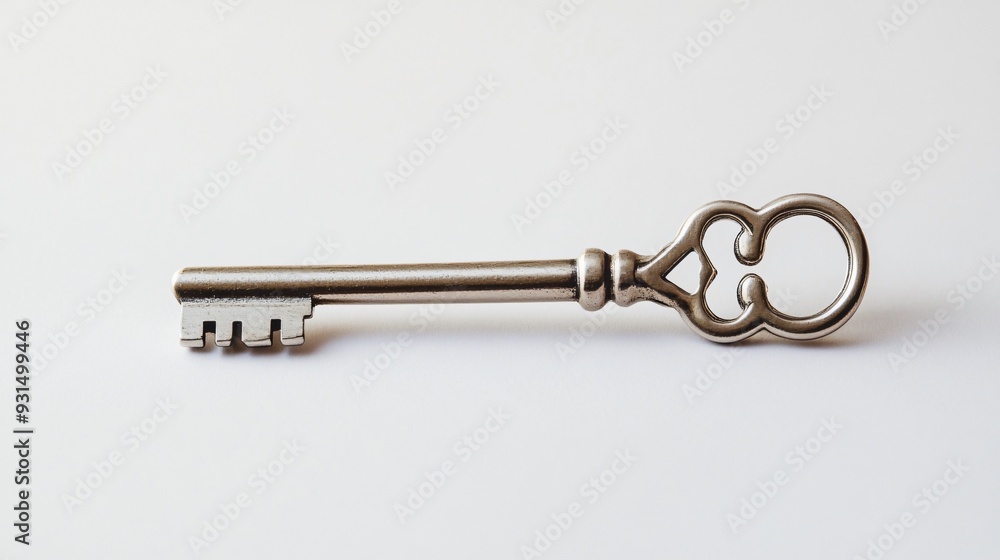 Single Silver Key on Plain White Background Single Silver Key on Plain White Background