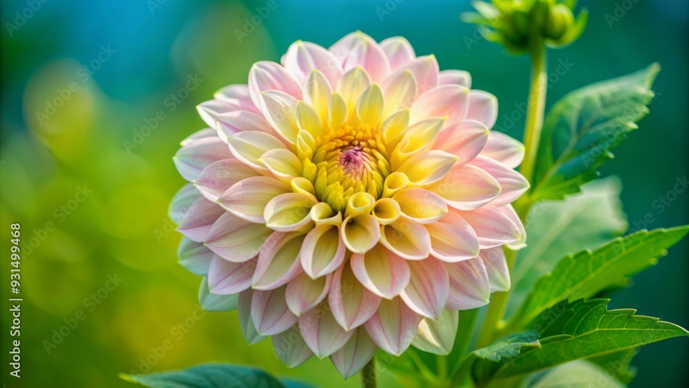 Fototapeta premium Vibrant pink dahlia flower with delicate petals and yellow center blooms against a serene blue background, showcasing its intricate details and lush texture.