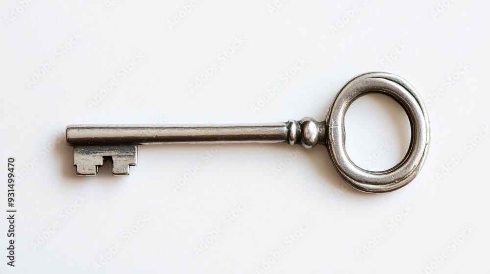 Single Silver Key on Plain White Background Single Silver Key on Plain White Background