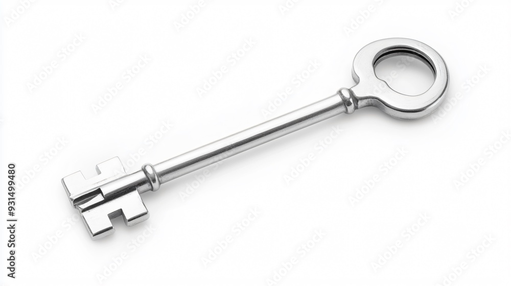 Single Silver Key on Plain White Background Single Silver Key on Plain White Background