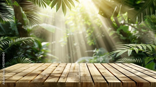 In spring, a wooden wooden table on the table garden background, displayed as a mockup for product display