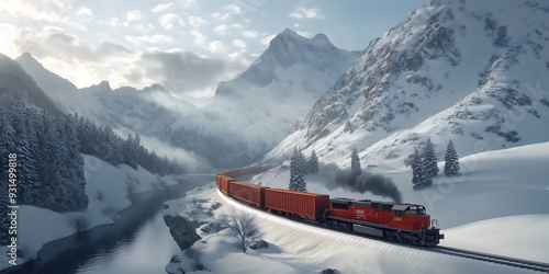 Cross continental freight train winding through snowy mountain range delivering essential goods