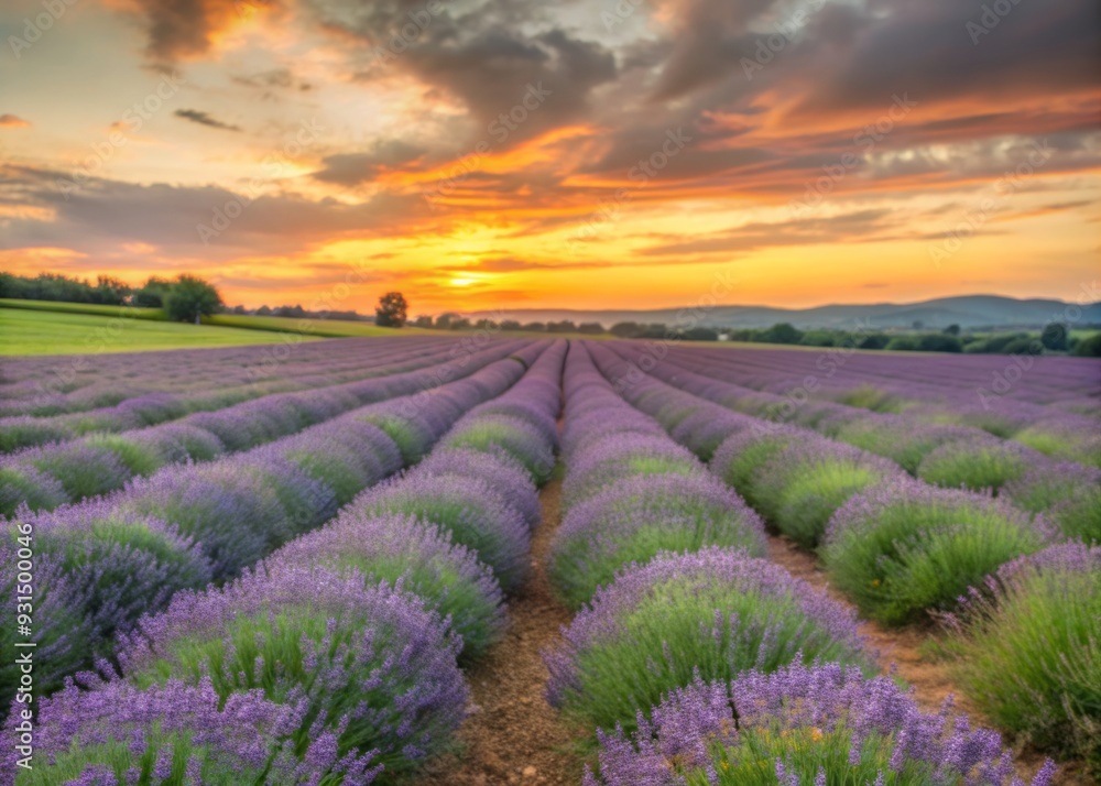 Serene twilight landscape of a lavender field with vibrant purple flowers swaying gently in rows, set against a warm, colorful sky after sunset. Serene twilight landscape of a lavender field with vibrant purple flowers swaying gently in rows, set against a warm, colorful sky after sunset.