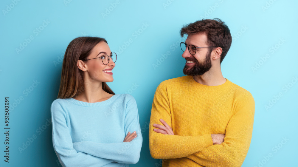 A cheerful man and woman wearing glasses and colorful sweaters, standing and smiling at each other against a blue background. A cheerful man and woman wearing glasses and colorful sweaters, standing and smiling at each other against a blue background.