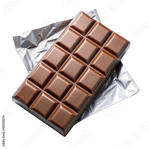 A chocolate bar with chocolate squares on a piece of aluminum foil on transparent background