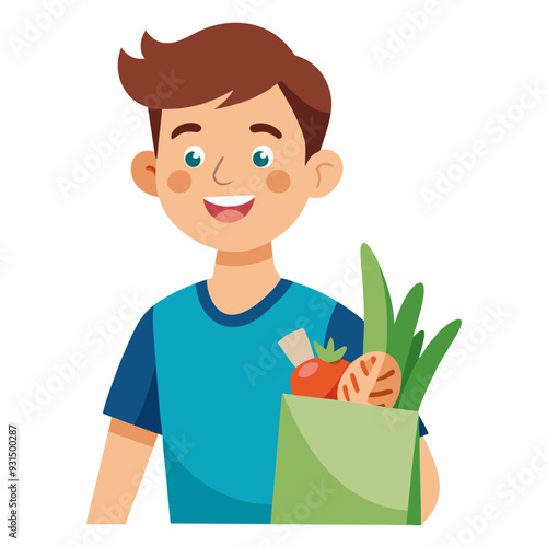 A young man holding a grocery bag full of vegetables, isolated on a white background, with a smiling, happy expression. An Asian male model with a paper shopping package and fresh food, represents.