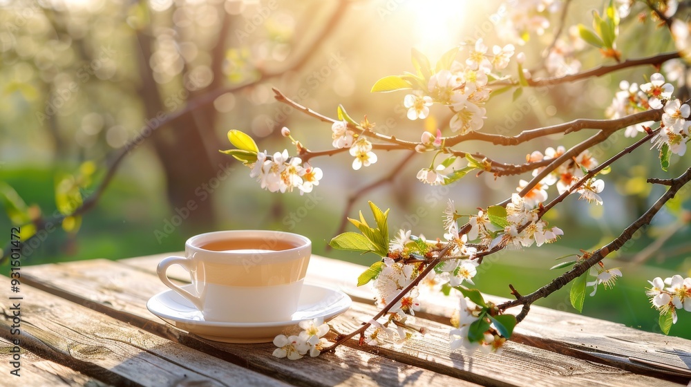 There is a cup of tea on a wooden table near some flowers on a natural blur background with a cup of tea lying on top. Stock image.