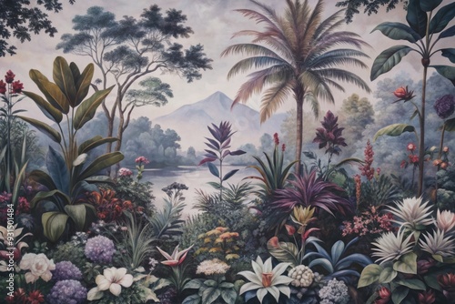 Fototapeta Naklejka Na Ścianę i Meble -  Vibrant watercolor painting of lush jungle landscape with exotic plants, flowers, and trees in soft, blended colors, perfect for natural and eclectic wallpaper designs.