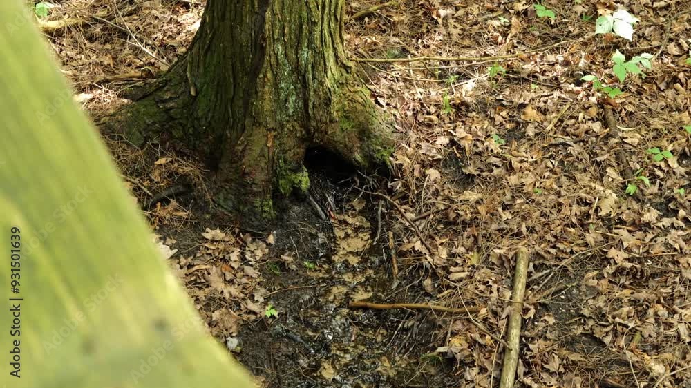A Natural Spring Coming Out from Under a Tree in the Forest A Natural Spring Coming Out from Under a Tree in the Forest
