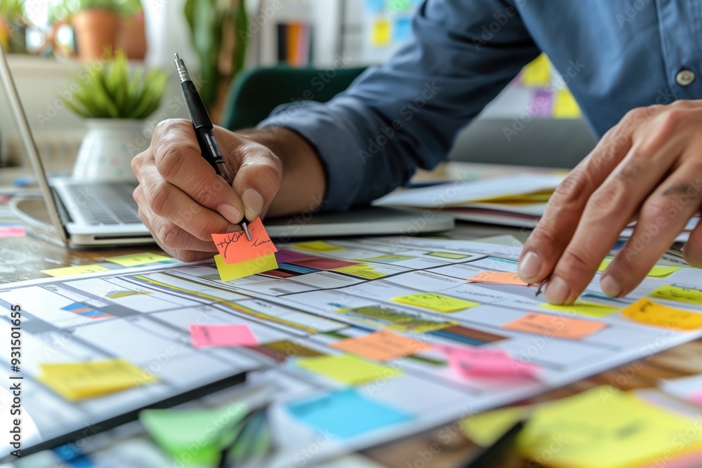 An office worker fills out his work schedule on a blackboard with stickers An office worker fills out his work schedule on a blackboard with stickers