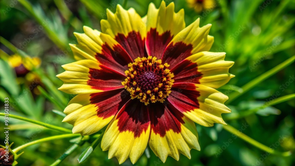 Obraz premium Delicate Coreopsis flower with intricate yellow petals and dark center isolated on transparent background, showcasing its elegant and refined natural beauty.