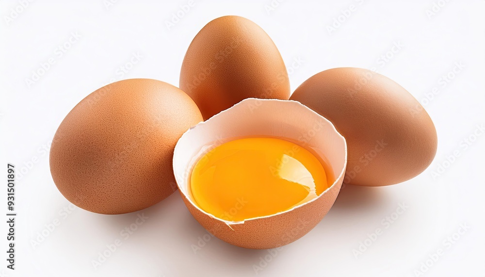 Chicken eggs and half broken egg with yolk isolated on white background Chicken eggs and half broken egg with yolk isolated on white background