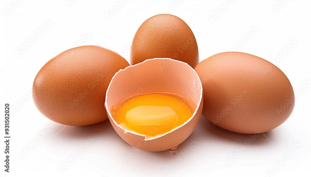 Chicken eggs and half broken egg with yolk isolated on white background Chicken eggs and half broken egg with yolk isolated on white background