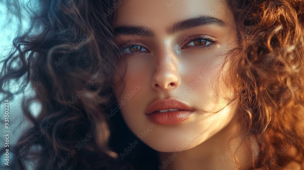 Close-up of a woman with elegant, cascading curls styled in loose waves, showcasing the texture and shine of her beautiful hair. Close-up of a woman with elegant, cascading curls styled in loose waves, showcasing the texture and shine of her beautiful hair.