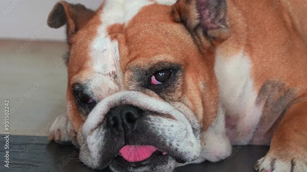 A tired English bulldog lying flat on the ground with her tongue sticking out, close up shot. A tired English bulldog lying flat on the ground with her tongue sticking out, close up shot.