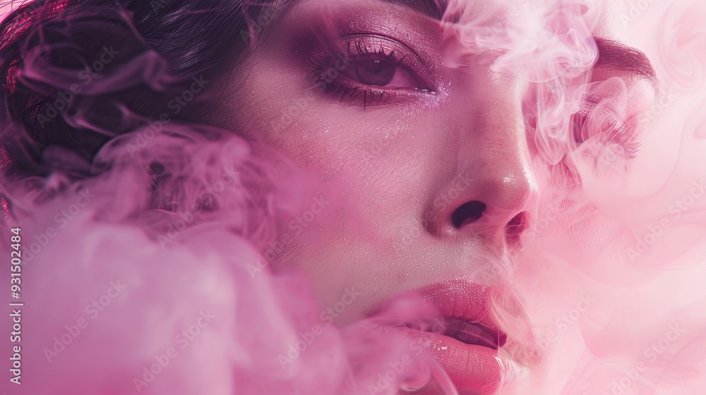 Isolated pink smoke background with a beautiful woman's face. Stock image. Isolated pink smoke background with a beautiful woman's face. Stock image.