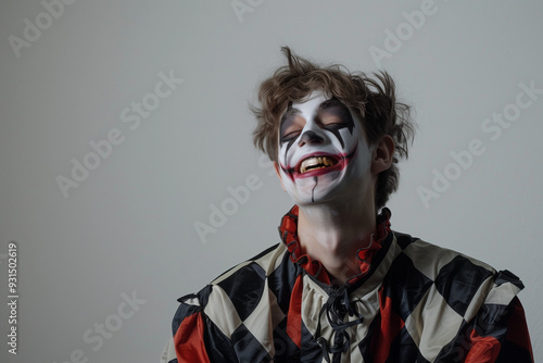 Harlequin Costume for Halloween presents a frightening young man in sinister clown attire, complete with murderous makeup photo