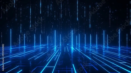 Abstract digital futuristic blue neon lights background depicting a glowing grid and lines. Perfect for technology, sci-fi, or virtual reality themes.