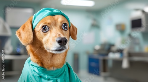 A light-hearted image of a dog in scrubs, mid-derp, with its head slightly turned and a wide-eyed, curious expression photo