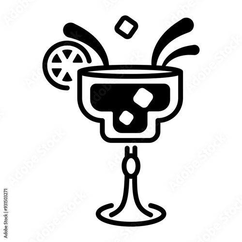 A linear icon of cocktail glass with a lemon on it 