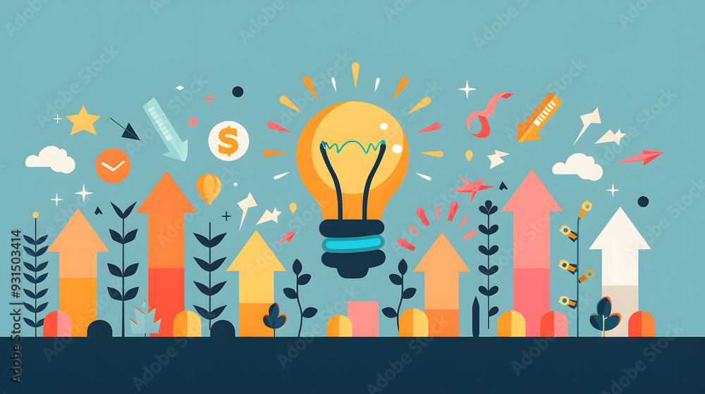 Naklejka premium Light bulb surrounded by upward arrows, idea-driven growth and progress