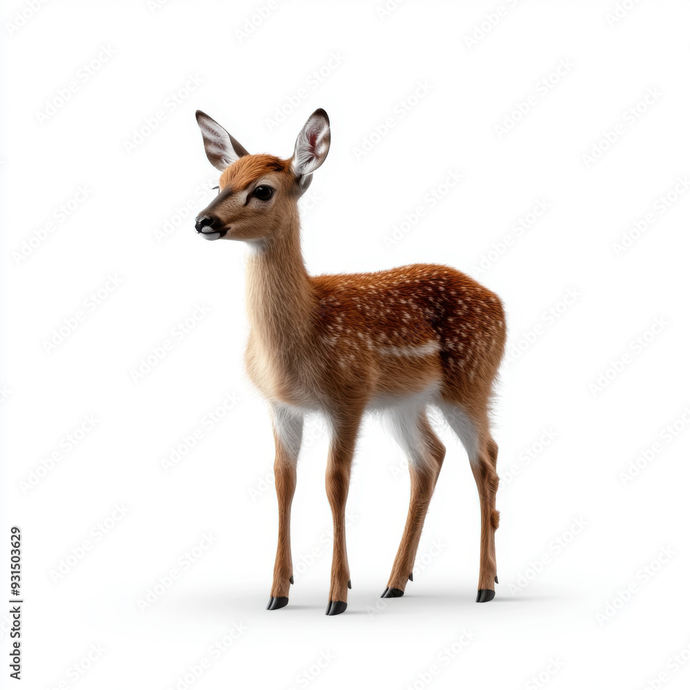 A young deer, also known as a fawn, standing gracefully on a white background, highlighting its delicate features and natural beauty. A young deer, also known as a fawn, standing gracefully on a white background, highlighting its delicate features and natural beauty.