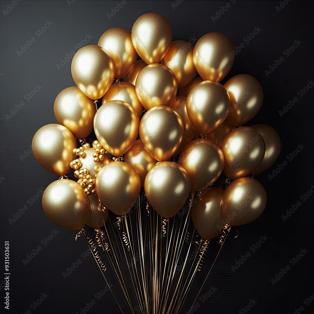 Gold balloons bunch on a black wall background. Horizontal banner. Gold balloons bunch on a black wall background. Horizontal banner.